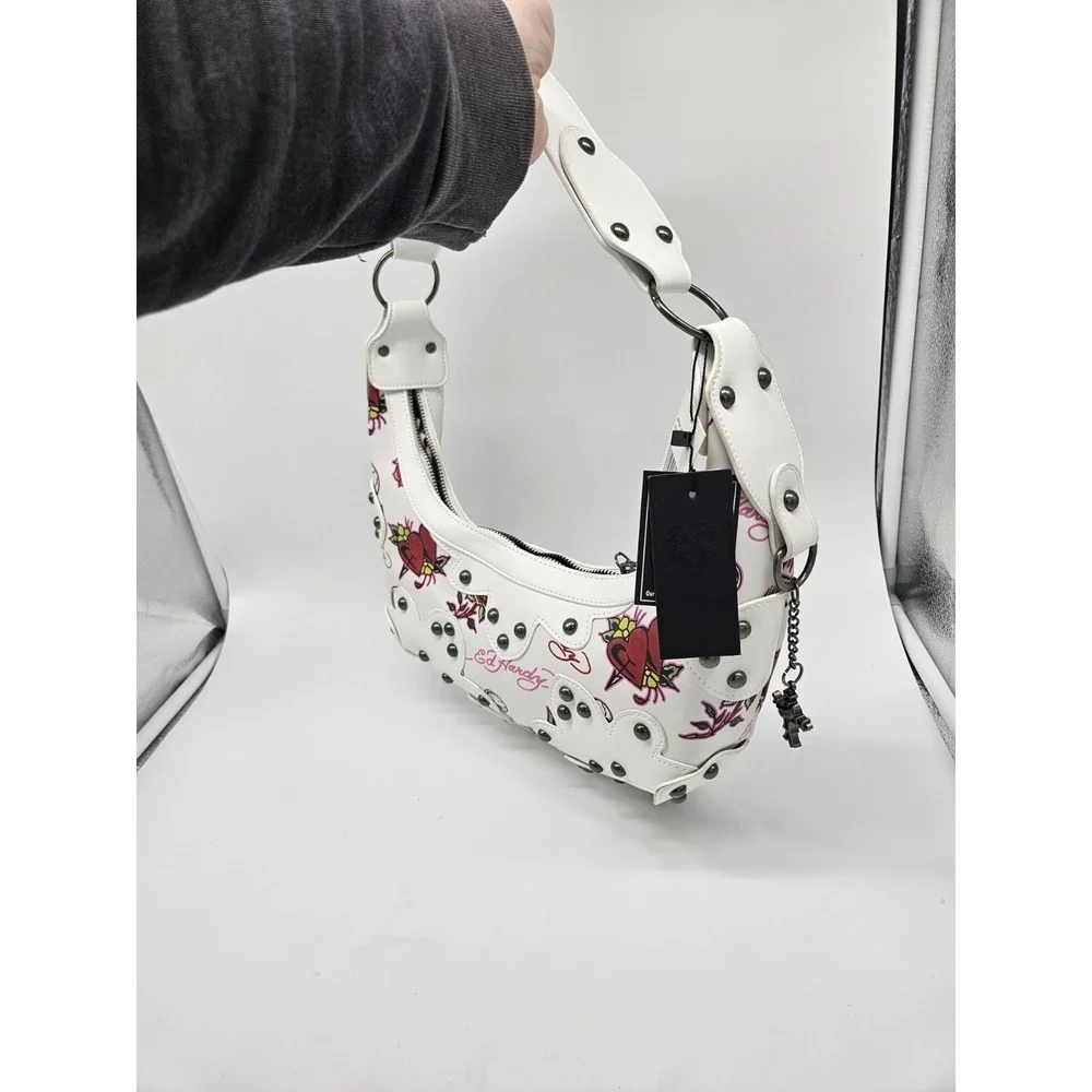 Ed Hardy Skull Rose Heart Print Purse Shoulder Bag‎ Y2K White Red Gunmetal NEW